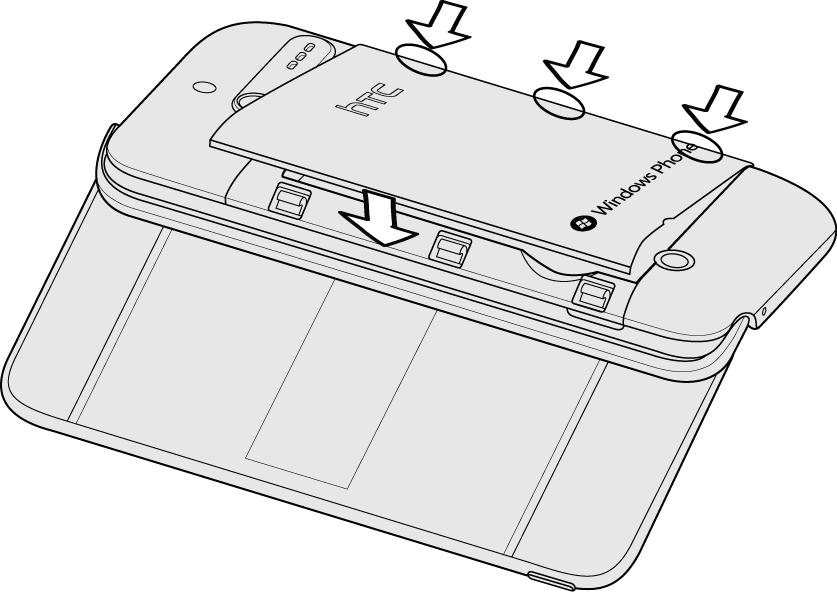 2. Insert the battery. Remove the battery from its packaging and insert it into the opening at the back of the device, exposed copper contacts first. 3. Replace the back cover.