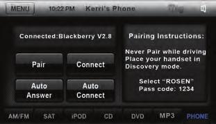 There are several different Bluetooth screens in the PHONE function. The first screen you will see is the Call Screen. To switch between screens, press the PHONE tab repeatedly.