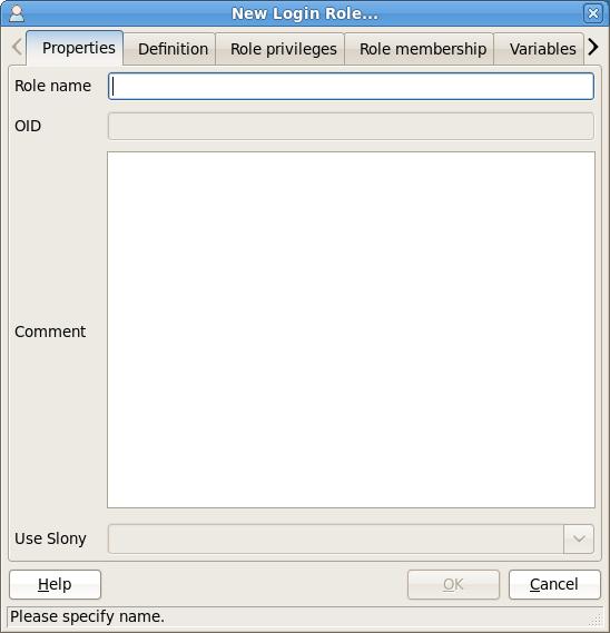 Figure 6.2 - The New Login Role dialog. Use the tabs on the New Login Role dialog (shown in Figure 6.2) to define a new role: Use the Properties tab to provide a Role name or Comment about the role.