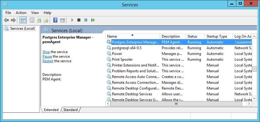 8.3 Controlling the PEM Server or PEM Agent on Windows The Windows operating system includes a graphical service controller that displays the server status, and offers point-and-click server control.