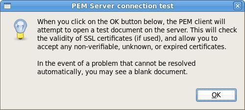 client for the first time with SSL encryption enabled, you may encounter the error message shown in Figure 9.1. Figure 9.1 - Connection to the PEM Server failed.