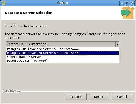 Figure 3.23 - Selecting a database server. Use the drop-down listbox on the Database Server Selection dialog to select a host for the PEM server backend database.