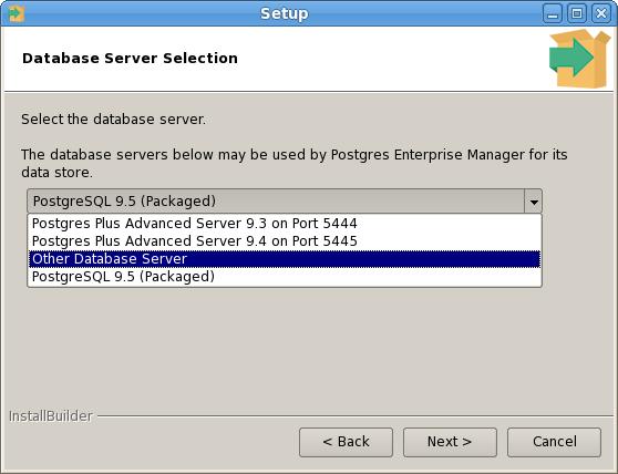 After selecting an installation option, click Next to continue. Figure 3.42 - The Database Server Selection dialog. Use the drop-down listbox on the Database Server Selection dialog (Figure 3.