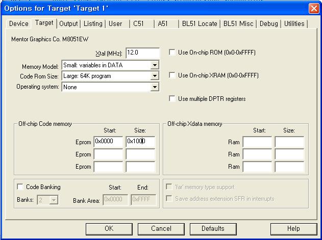 2.2. Options for target setting In the options for target tap, set Memory Model, Code Rom Size and etc for MCU. See Figure 2-2.