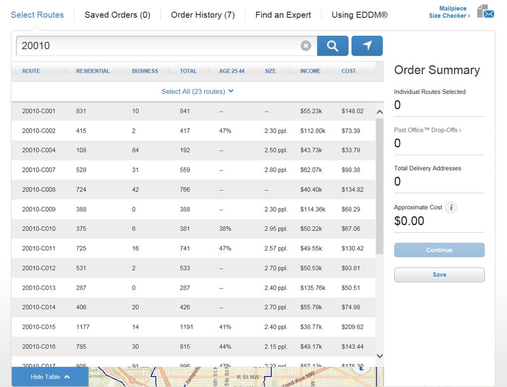Choose Routes RETAIL // Table View 1 Selection results are available in a table for all search options.