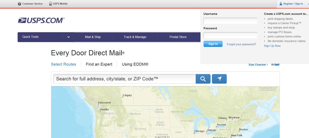 Registration New EDDM Retail Registration 1 Go to https://eddm.usps.com/eddm/customer/routesearch.action 2 Select Register/Sign In within the global header. You will be taken to the registration page.