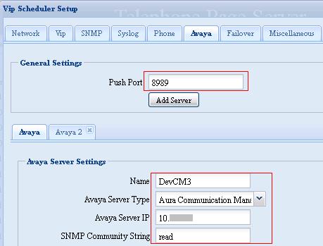 Select Avaya tab: Push Port: 8989 was used during the compliance test. Name: Enter a descriptive name.