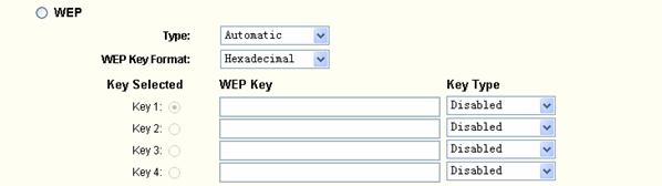 Figure 4-13 WEP Type - Select one of following types from the drop-down list: Automatic - Select Shared Key or Open System authentication type automatically based on the wireless station's capability