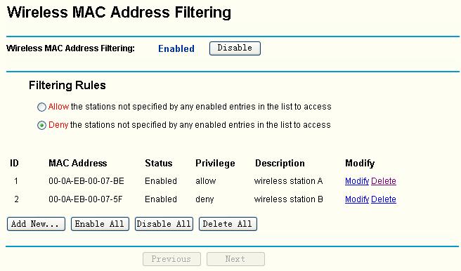 Figure 4-18 Add or Modify Wireless MAC Address Filtering entry If you select the radio button Allow the stations not specified by any enabled entries in the list to access for Filtering Rules, the