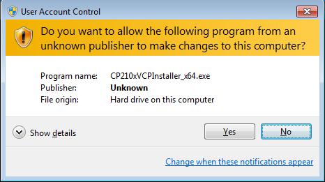 Run the installation program (CP210xVCPInstaller_x64.exe) by double-clicking it. The following window will appear.