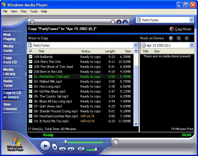 1.20 Digital Media Fundamentals To begin creating a CD, select the playlist you want to use and then click Copy To CD Or Device in Windows Media Player s taskbar. A window like the one below opens.