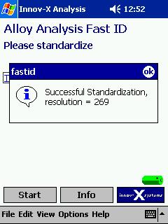 11. When standardization is complete, the resolution of the analyzer will be displayed. Tap ok to dismiss this screen. 12. The analyzer is now ready to take a measurement.