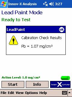 4. At the conclusion of the test, the analyzer will display the result. The Innov-X PCS states that a result between 0.85 and 1.2 mg/cm2 is within calibration.