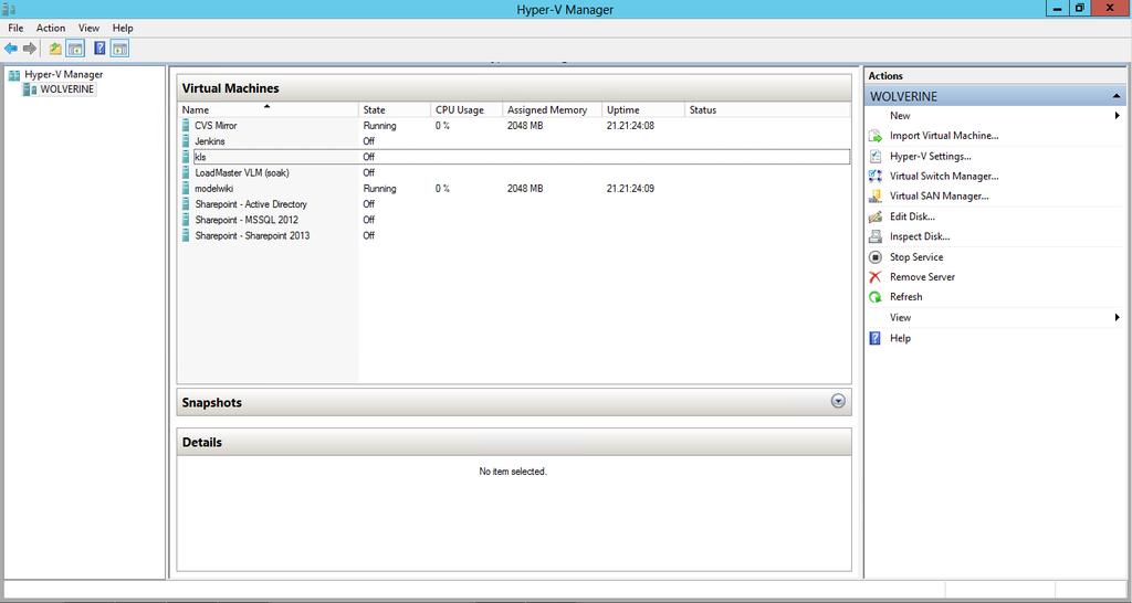 Figure 2-1: Hyper-V Manager 2. Click the Import Virtual Machine menu option in the panel on the right.