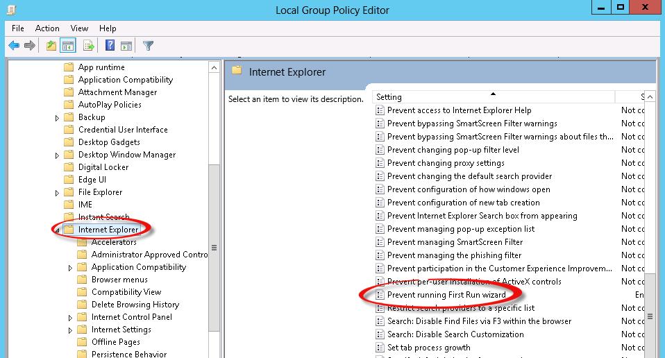 Click on Internet Explorer to bring up the list of settings in the right pane. Find Prevent Running First Run Wizard and double-click on it.