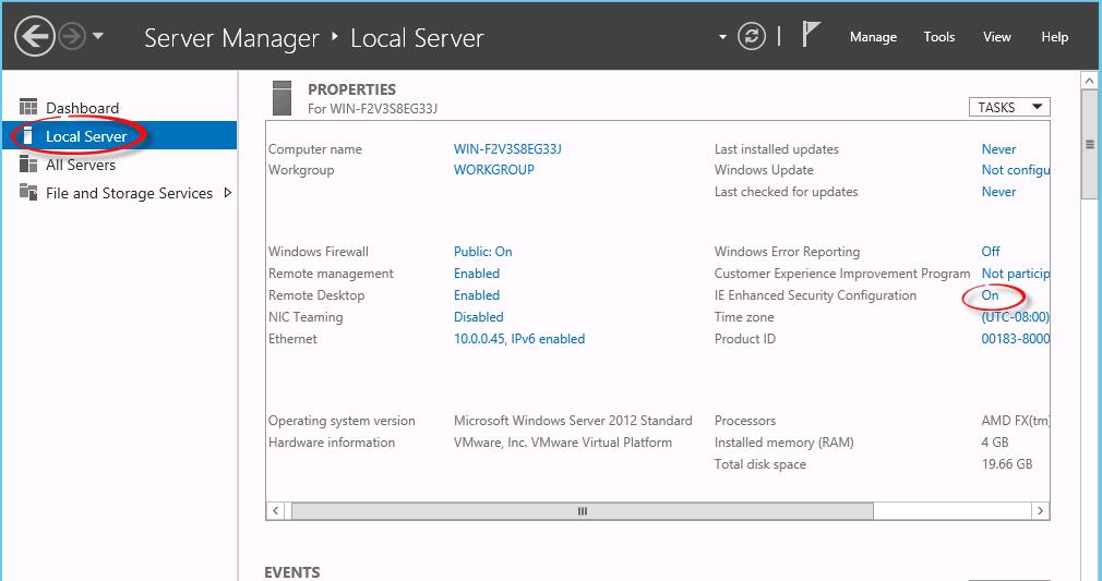 SERVER MANAGER CONFIGURATIONS Windows Server 2012 Configuration for Injector INTERNET EXPLORER - DISABLE IE ENHANCED SECURITY
