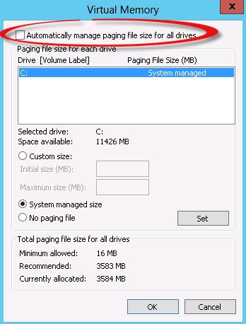 Uncheck Automatically manage paging file