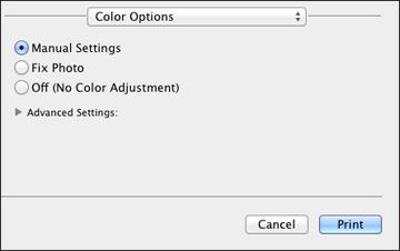 3. Select Color Options from the pop-up menu in the print window. Note: The available settings on the Color Options menu depend on the option you selected on the Color Matching menu. 4.
