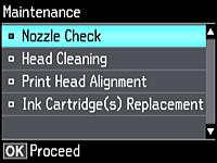 5. Select Maintenance and press the OK button. 6. Select Nozzle Check and press the OK button. 7. Press the start button. The nozzle check pattern is printed. 8.