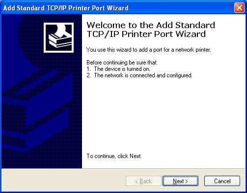 Click Next button on Welcome to the Add Standard TCP/IP Printer