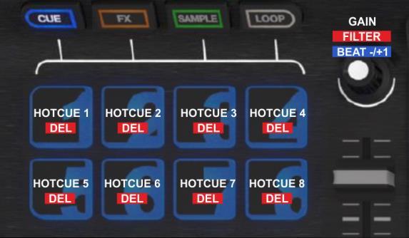 C. Pads HotCues Press the CUE mode button (18) to set the 8 numbered Pads (19) in HotCue mode (selection per side/deck). Each one of the 8 Pads assigns a Hot Cue Point or jumps to that Hot Cue Point.