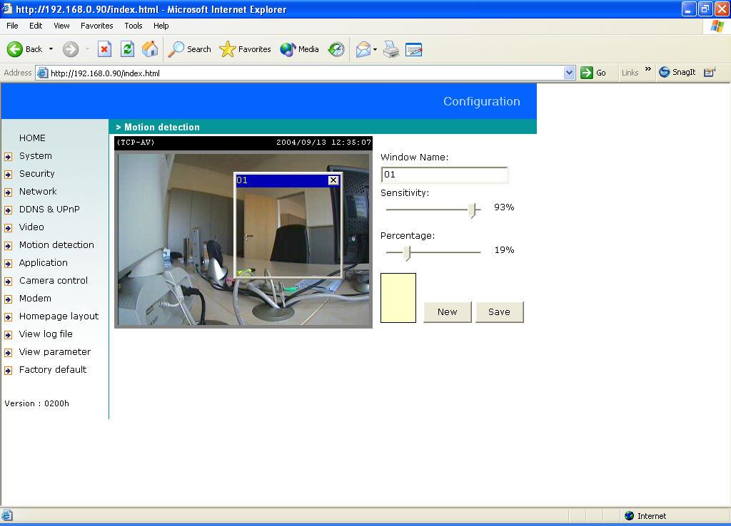 Motion sensor The video server allows the administrator to define a maximum of three areas for motion detection. To monitor a particular section of the picture, click to add a window.