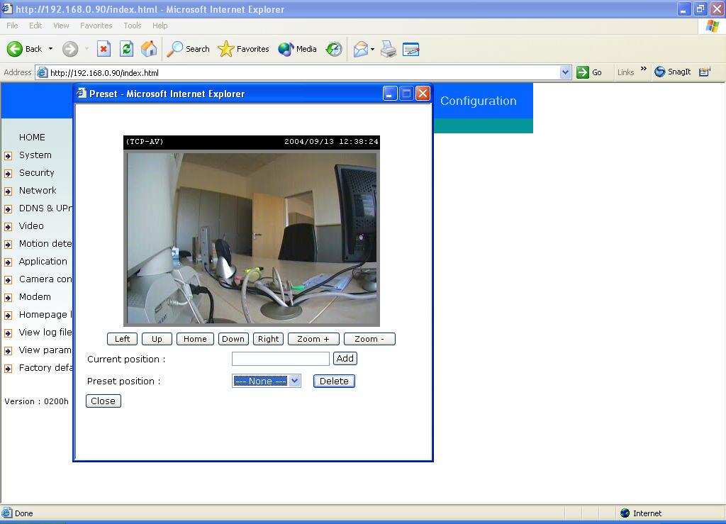 To define the default positions of the PTZ camera, click to open another window with the camera view and the control buttons.