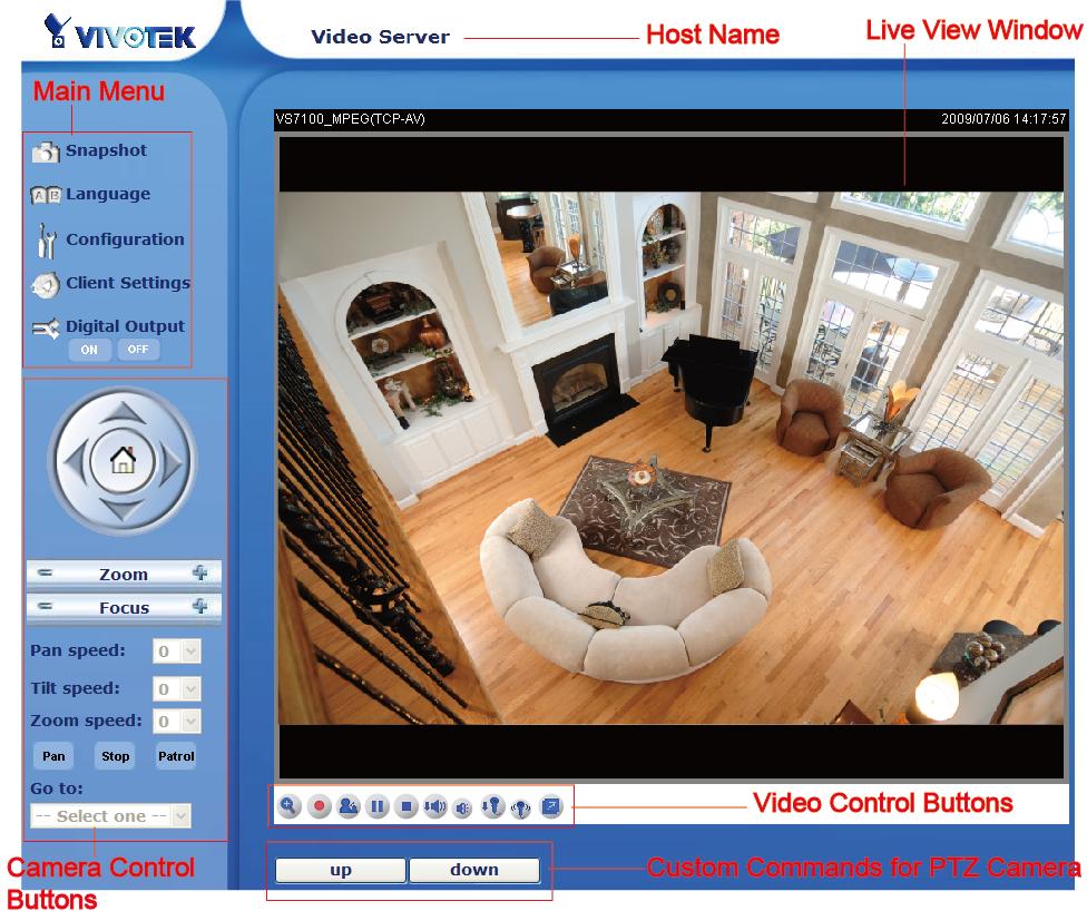 Primary user s capability Main Screen with Camera View Basic functions are displayed in the homepage of Video Server.