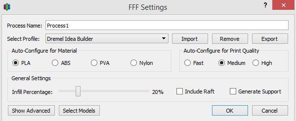 File preparation in Simplify 3D The next thing you must do, is add a process. A process is a profile you can edit and assign to your model.