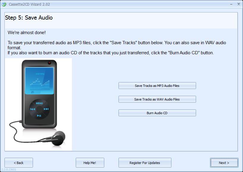 Saving the Audio Files: You can choose to save your Audio Files as MP3s, WAVs, or burn them directly to an Audio CD.