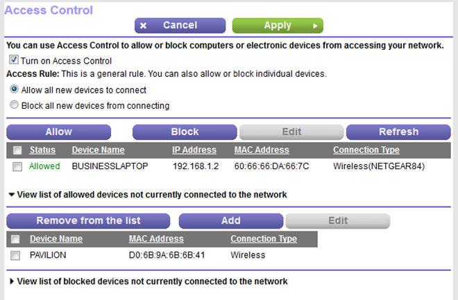 5. Click the View list of allowed devices not currently connected to the network link.