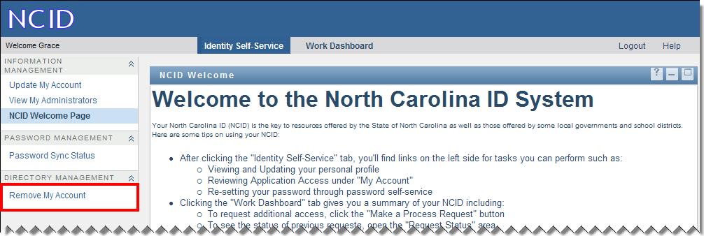 Figure 2-29. Click Remove My Account Link Verify that the Self Service User Archive screen is displayed.