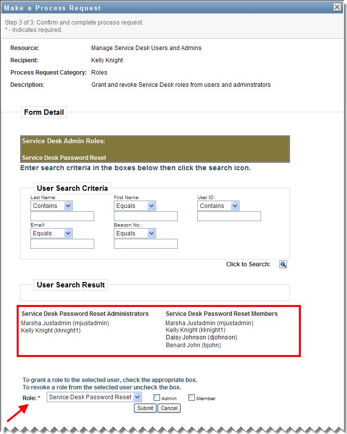 The Manage Service Desk Users and Admins request form is displayed. Important!