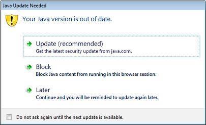 What should I do if I get a Java out of date message?
