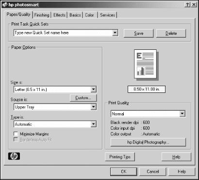 chapter 5 Note: Depending on the operating system running on your computer, the HP Photosmart Series Properties dialog box may be titled HP Photosmart Printing Preferences.