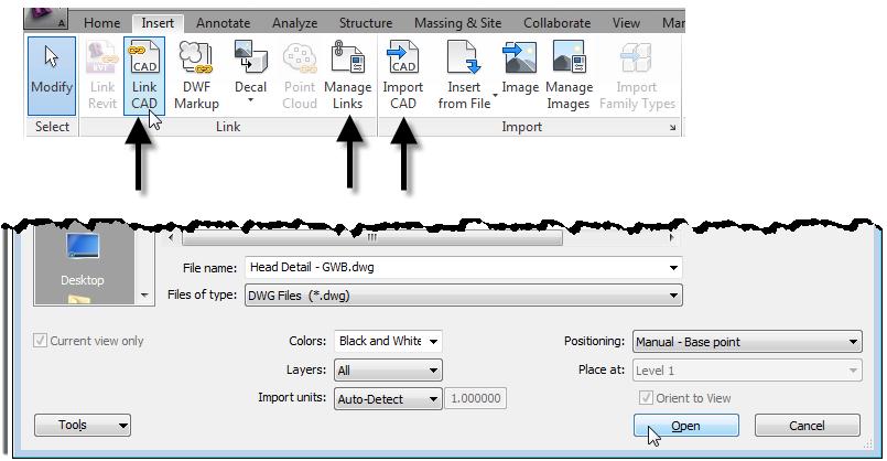Figure 14 Import CAD Formats dialog from the Insert ribbon tab Browse to the file you wish to link (or import) and select it.