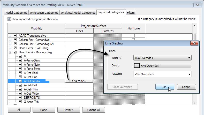 Figure 15 CAD Layers remain accessible via the view s Visibility/Graphic Overrides Using this dialog, you can turn layers on or off and override their imported color or lineweight settings.