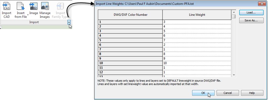 Figure 17 Configure how Revit should apply lineweights to the imported elements In the dialog that appears, you can Load a mapping file (several are included with the software), or input the desired