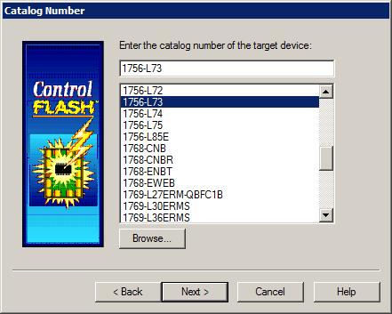 Upgrade Firmware with ControlFLASH Chapter 4 2. After you have the information, click Next. The Catalog Number dialog box is displayed.