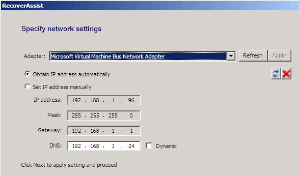 4. The Specify network settings window will open. Select either Obtain IP address automatically or Set IP address manually.