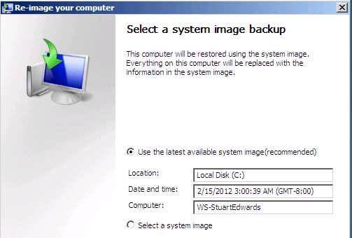 7. The Select a system image backup window will open Select either use the latest available system image (recommended) or Select a system image.
