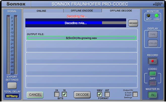 3.9 Offline Decoding The Sonnox Fraunhofer Pro-Codec can also decode compressed files for import into the host sequencer (or for general purpose decoding).