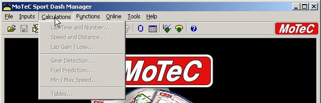 MoTeC Sport Dash Manager Software 25 The main menu is used to access all of the features of the Sport Dash Manager software.