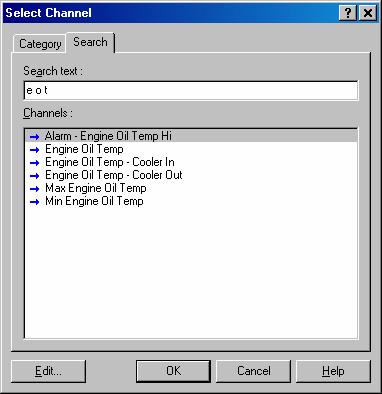 MoTeC Sport Dash Manager Software 33 Search Method This method lists all channels in alphabetical order and allows a channel to be found either by typing the first few letters of any word in the