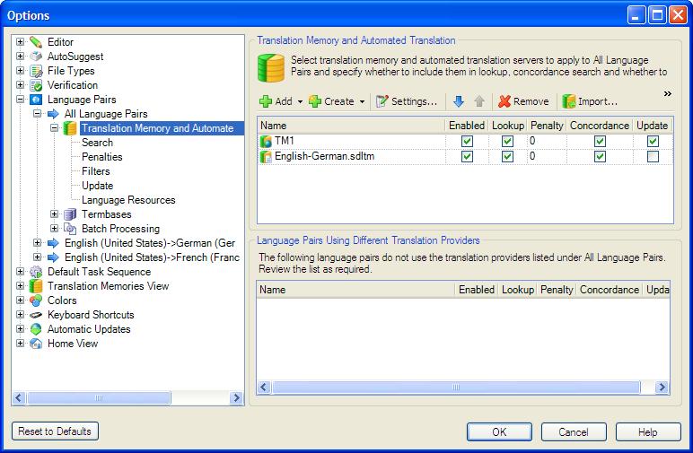 Default Language Pair Settings A language pair is used to store settings relating to translation from a specific source language into a specific target language.