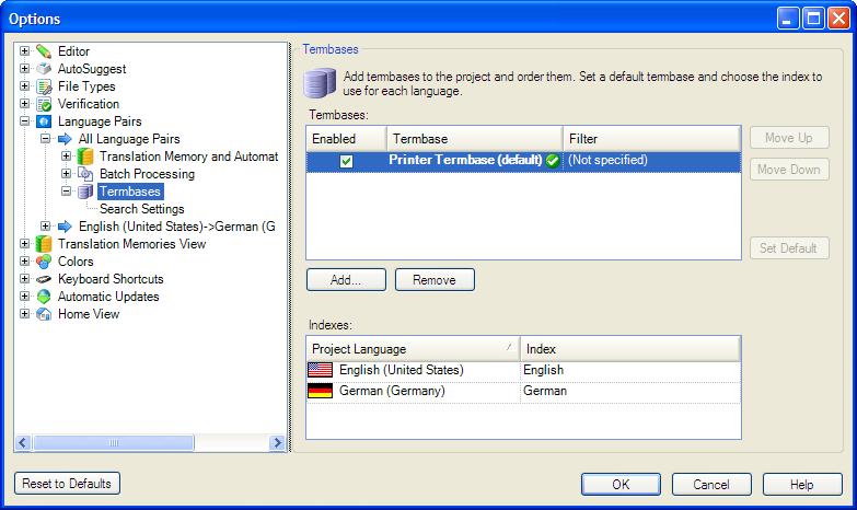 4. Select Language Pairs > All Language Pairs > Termbases from the navigation tree. 5. On the Termbases page, you can select SDL MultiTerm termbases. Select the sample termbase file Printer.sdltb.