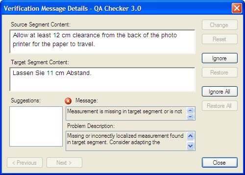 The Problem Description box provides additional detail and a suggestion of how to fix the problem by adapting the measurement.