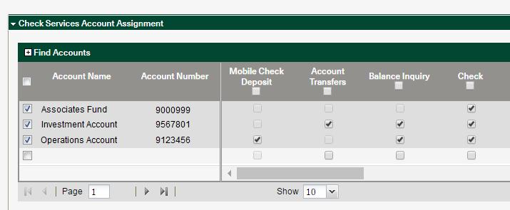 6. Scroll down to navigate to the next permissions panel titled Check Services Account Assignment. 7. For desired accounts, select (check) box for Mobile Check Deposit.