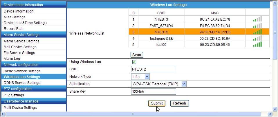 2.3 Wireless network settings Tick in the " wireless LAN " behind. You want to connect to and select SSID, the input selection SSID password, as shown below: 2. Selected list router 1.