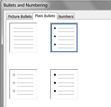 Choose the type of bullet you want Plain Bullets or Numbered Bullets 4. Select the bullet style 5.
